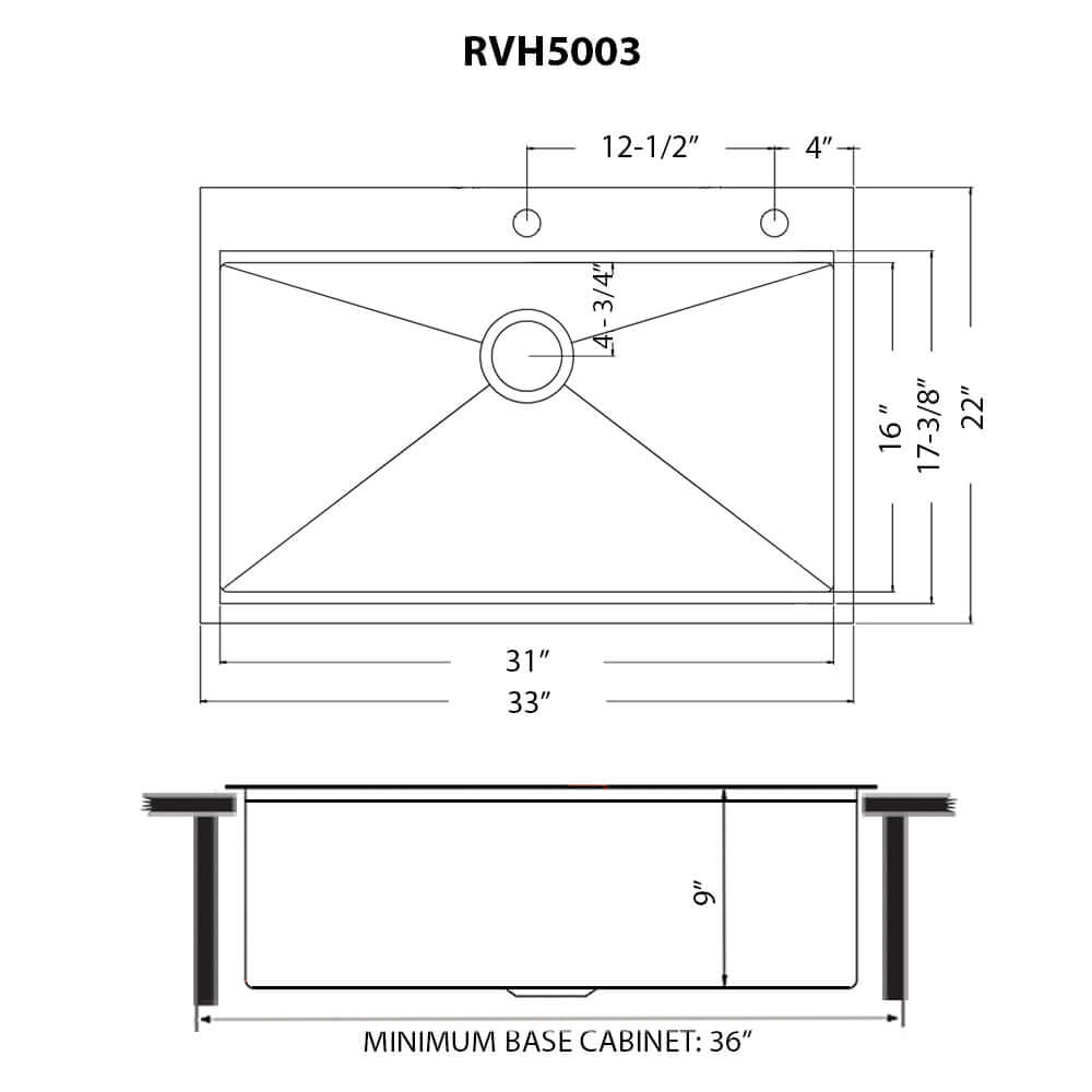 Ruvati Giana 33" Workstation Stainless Steel Kitchen Sink RVH5003BL dimensions illustration with measurements and specifications.