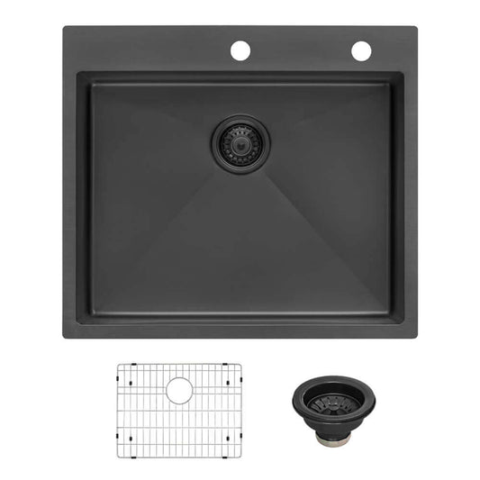 Ruvati 25" Terraza Nano-PVD Topmount Kitchen Sink Single Bowl - RVH5007 with accessories in Gunmetal Black.