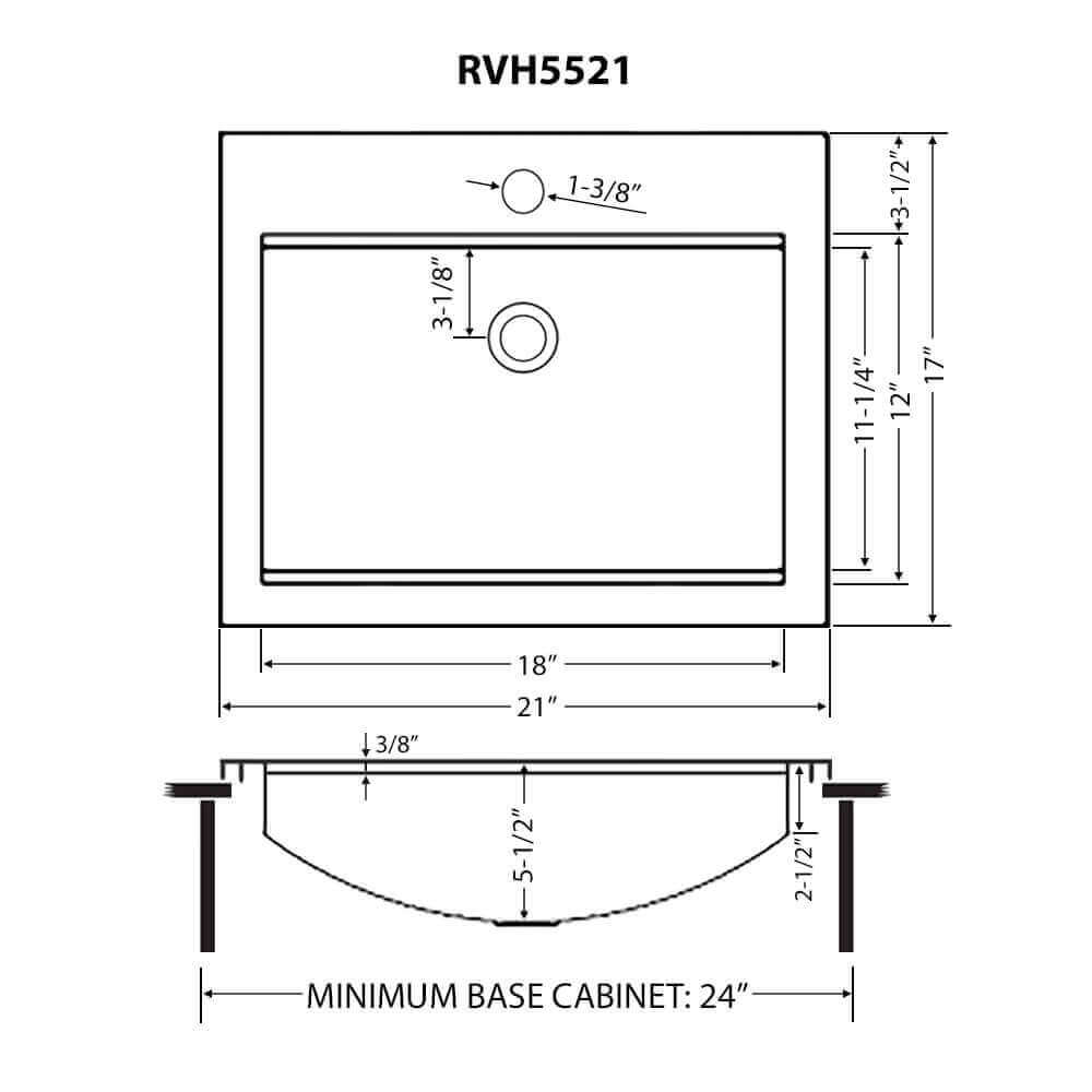 Ruvati 21" x 17" Brenna Workstation Bathroom Sink Topmount - RVH5521ST technical dimensions and installation guide.