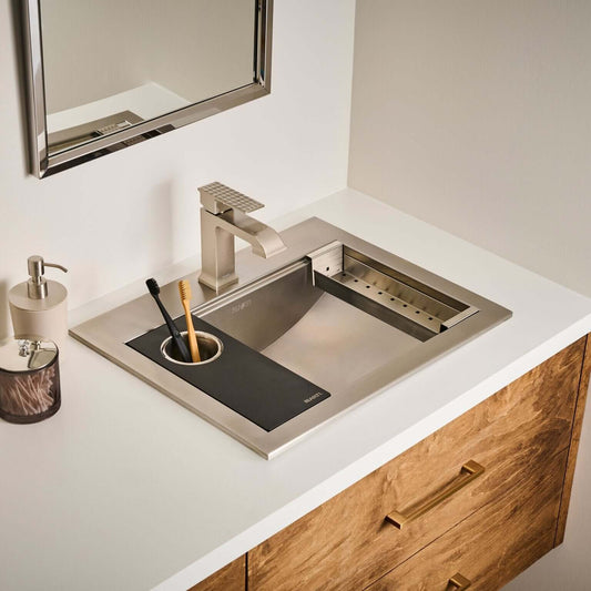Ruvati 21" x 17" Brenna Workstation Bathroom Sink Topmount - RVH5521ST displayed in a modern bathroom setup.