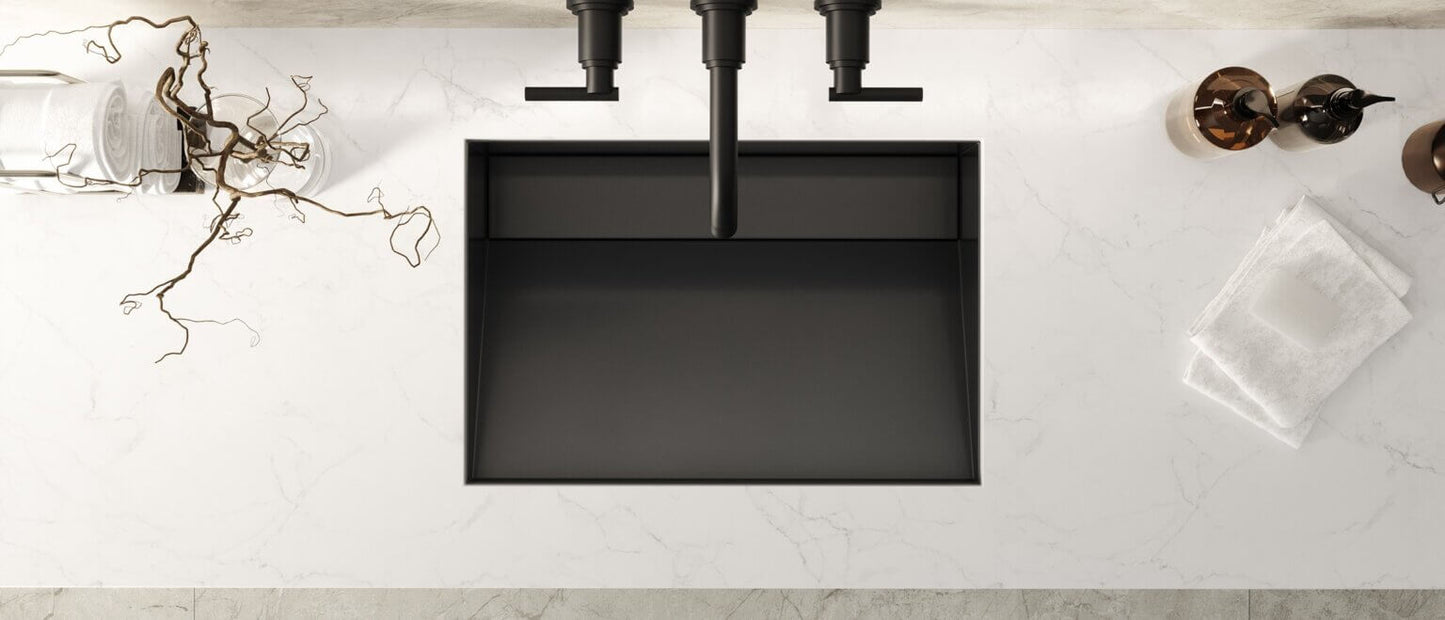Ruvati 20" x 14" Ariaso Nano-PVD Ramp Bathroom Sink Undermount - RVH6140 displayed on a marble countertop.