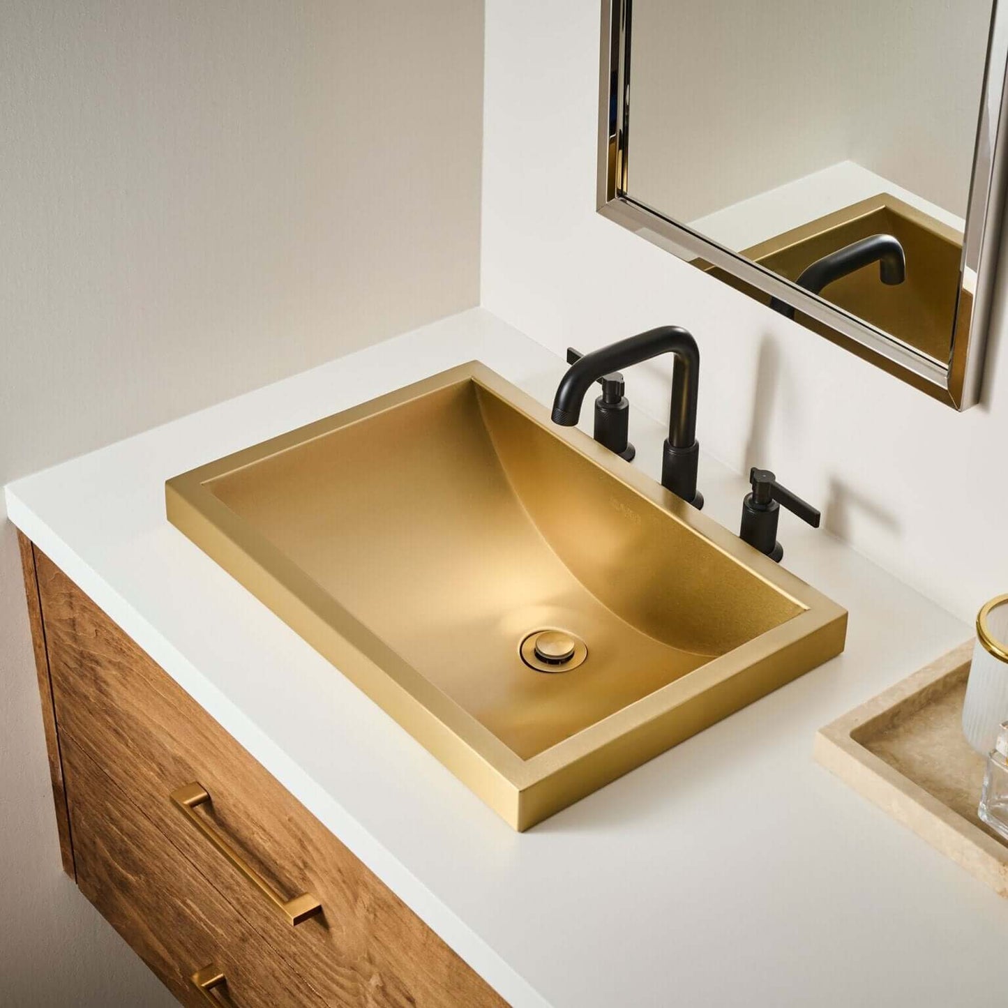 Ruvati 20" x 14" Ariaso Nano-PVD Semi-Recessed Bathroom Sink - RVH6211 in Matte Gold finish.