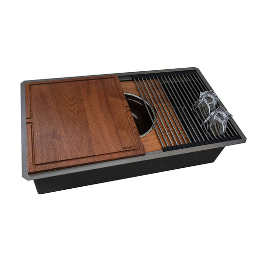Ruvati 33" Dual-Tier Pro Workstation Kitchen Sink Undermount - RVH6222 featuring dual-tier ledge and wooden cutting board.