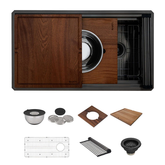 Ruvati 33" Dual-Tier Pro Workstation Kitchen Sink Undermount - RVH6222 with accessories and wooden cutting board.