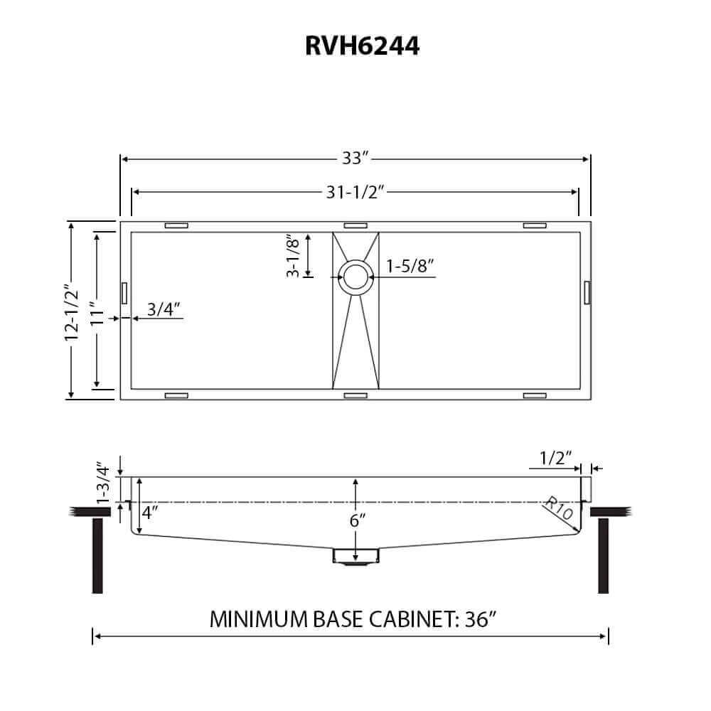 Ruvati 33" Ariaso Semi-Recessed Arc Bowl Bathroom Sink - RVH6244ST dimensions and specifications diagram