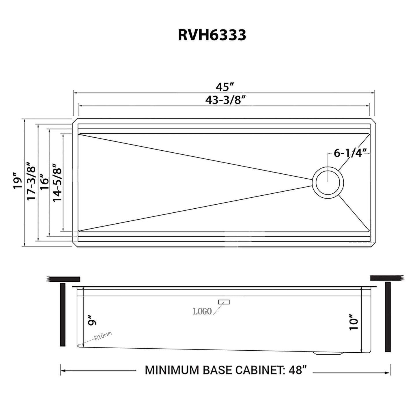 Ruvati 45" Dual-Tier Pro Nano-PVD Workstation Kitchen Sink Undermount - RVH6333 dimensions drawing.