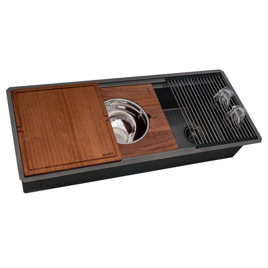 Ruvati 45" Dual-Tier Pro Nano-PVD Workstation Kitchen Sink Undermount - RVH6333 with cutting board and accessories.