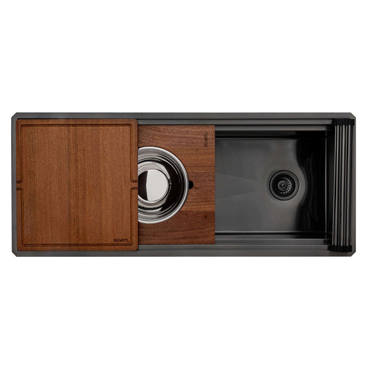Ruvati 45" Dual-Tier Pro Nano-PVD Workstation Kitchen Sink Undermount - RVH6333 with wooden cutting board and strainer.