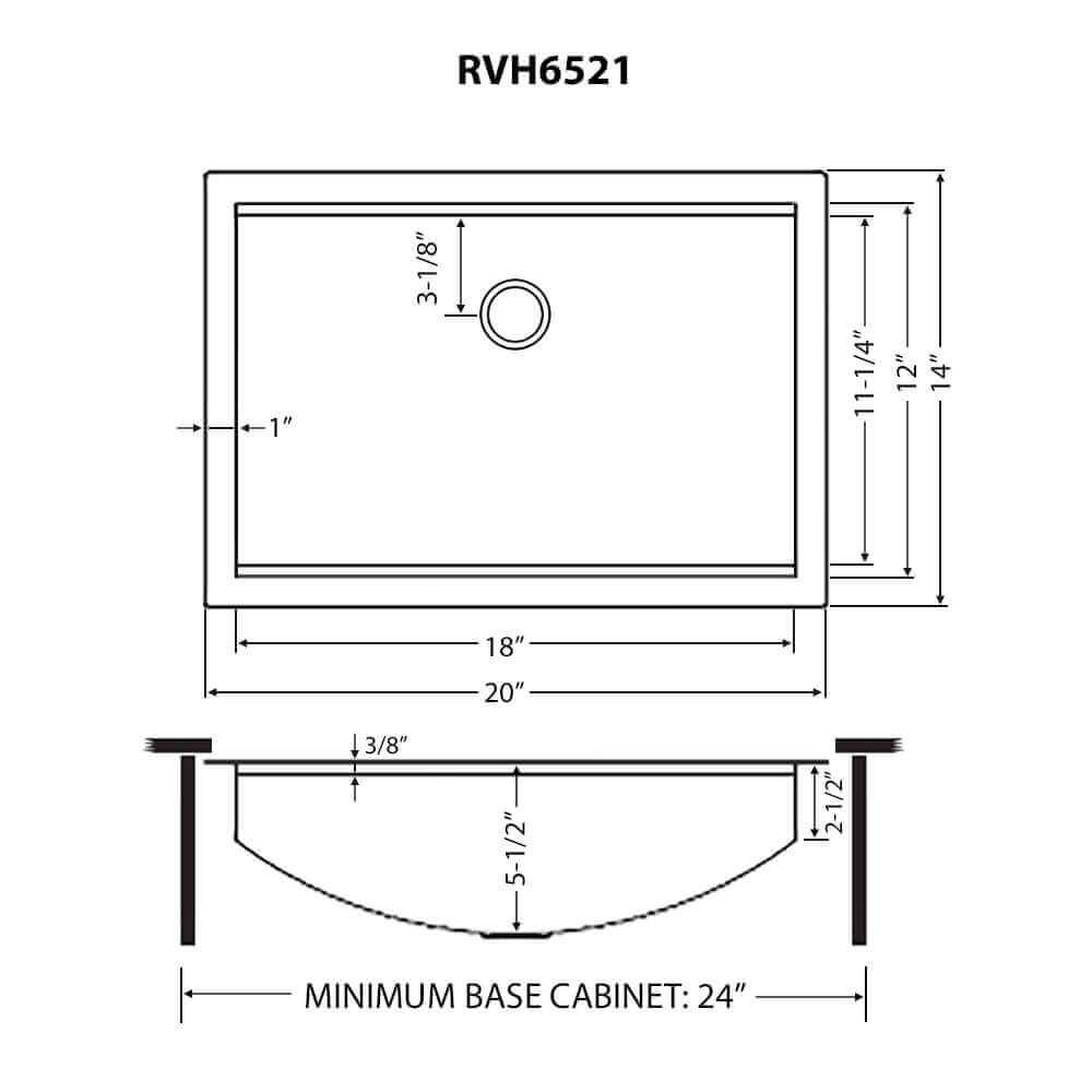 Ruvati 20" x 14" Brenna Workstation Bathroom Sink Undermount - RVH6521ST dimensions and specifications diagram