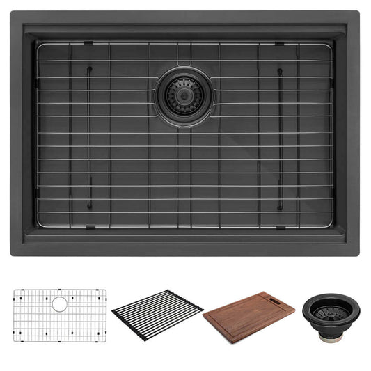 Ruvati 27" Giana Nano-PVD Workstation Kitchen Sink Undermount - RVH6527 featuring accessories and grid.