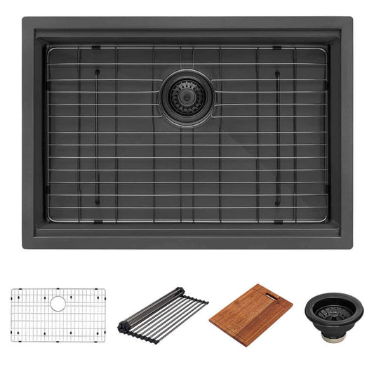 Ruvati 30" Giana Nano-PVD Workstation Kitchen Sink Undermount - RVH6530 with accessories including a drain and cutting board.