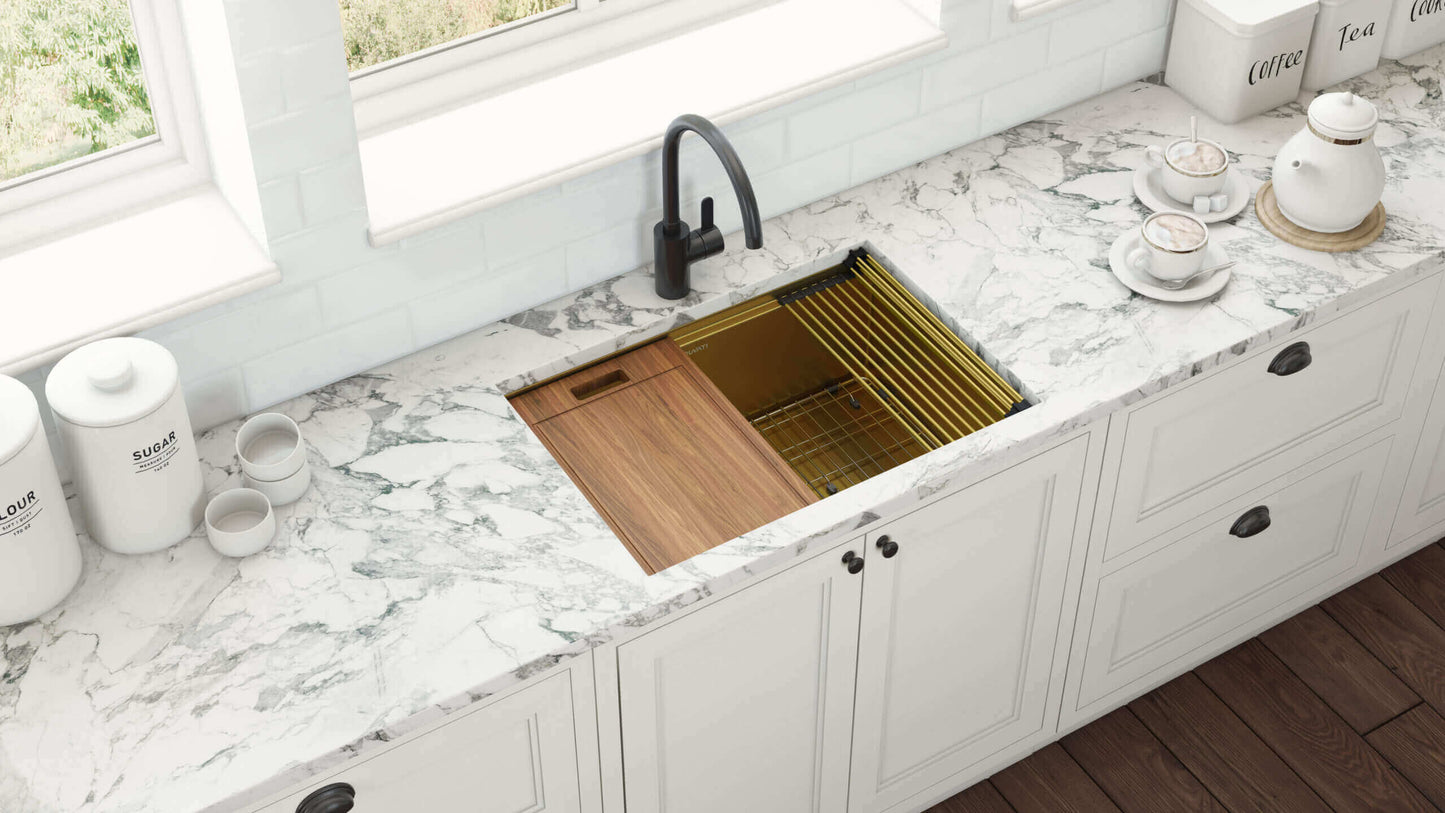 Ruvati 30" Giana Nano-PVD Workstation Kitchen Sink Undermount - RVH6530 featuring a wooden cutting board and gold accessories.