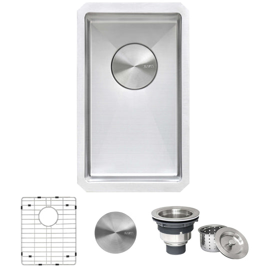 Ruvati 10" Gravena Bar Prep Sink Undermount - RVH7010 with accessories including grid and drain.