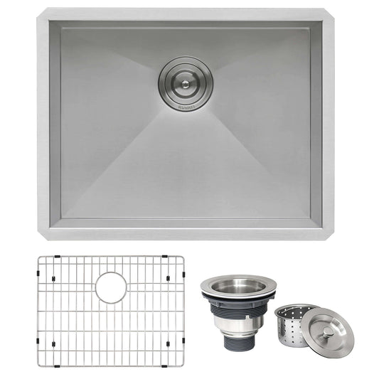Ruvati 23" Nesta Zero Radius Bar Prep Sink Undermount - RVH7100 with strainer and grid accessories.