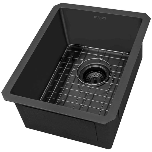Ruvati 14" Terraza Nano-PVD Bar Prep Sink Undermount - RVH7114 with a sleek black finish and protective grid.