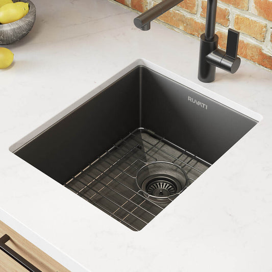 Ruvati 14" Terraza Nano-PVD Bar Prep Sink Undermount - RVH7114 mounted in a stylish kitchen countertop.