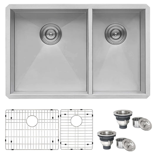 Ruvati 29" Nesta Zero Radius Double Bowl Undermount Kitchen Sink - RVH7200 top view with accessories and grids
