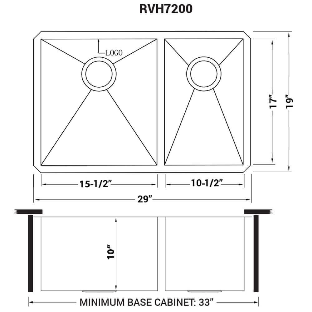 Ruvati 29" Nesta Zero Radius Double Bowl Undermount Kitchen Sink - RVH7200 dimensions diagram with bowl sizes.