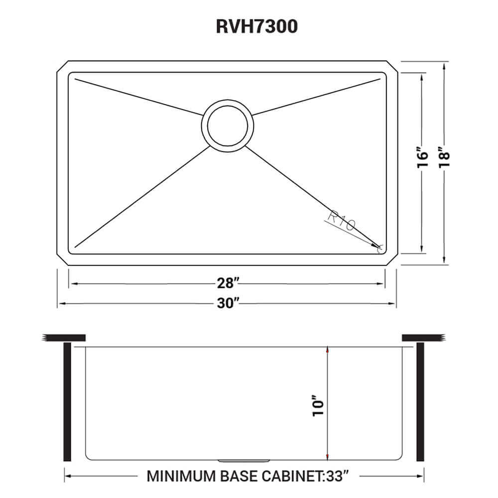 Ruvati 30" Gravena Single Bowl Undermount Kitchen Sink - RVH7300 dimensions diagram showing measurements.