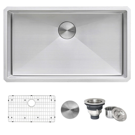 Ruvati 32" Gravena Single Bowl Undermount Kitchen Sink - RVH7400 with accessories and grid.