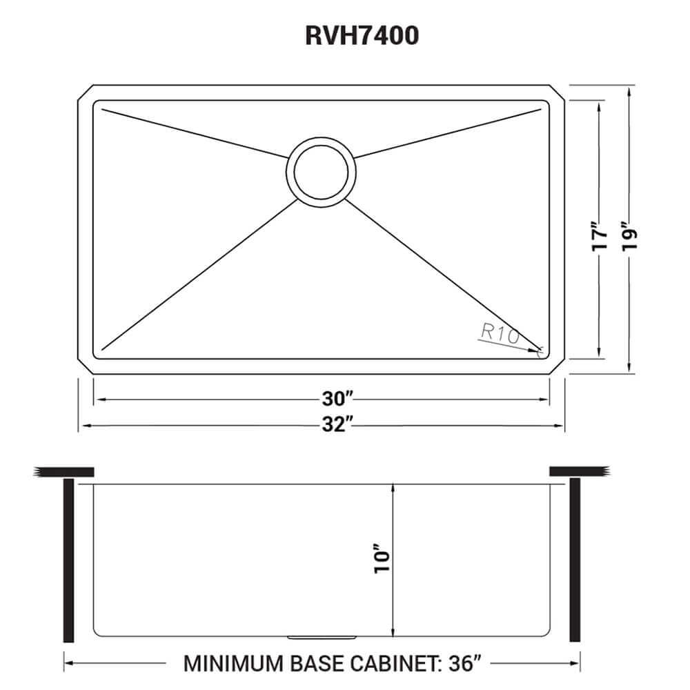 Ruvati 32" Gravena Single Bowl Undermount Kitchen Sink - RVH7400 dimensions and specifications diagram.
