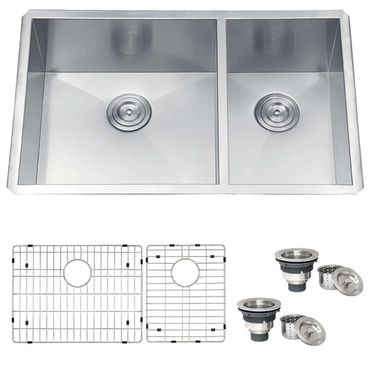 Ruvati 32" Nesta Zero Radius Double Bowl Undermount Kitchen Sink - RVH7515 with accessories including grids and drains.