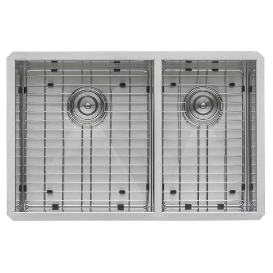 Ruvati 32" Nesta Zero Radius Double Bowl Undermount Kitchen Sink - RVH7515 with rear drain placement.