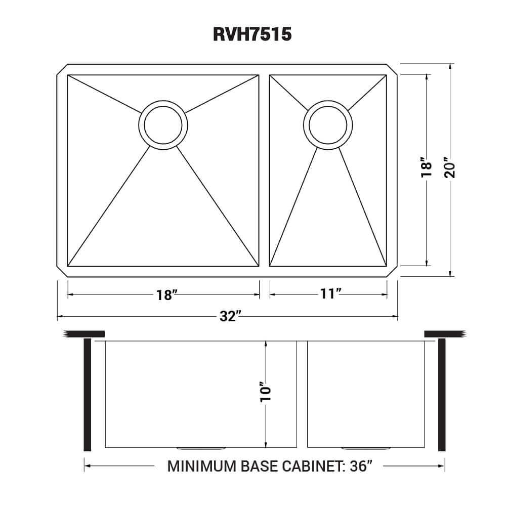 Ruvati 32" Nesta Zero Radius Double Bowl Undermount Kitchen Sink - RVH7515 technical drawing and dimensions.