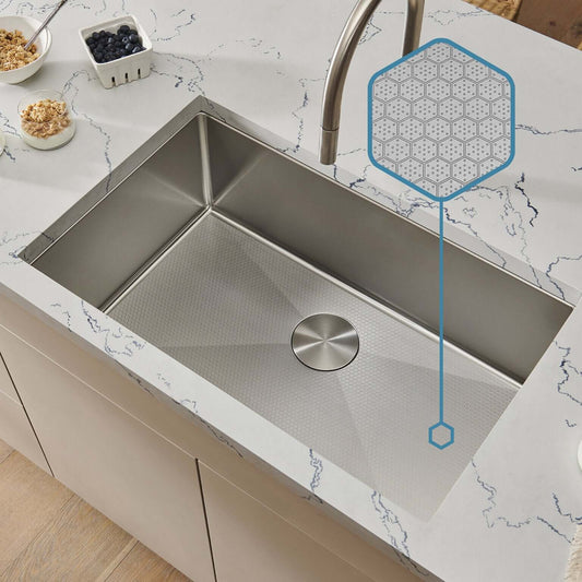 Ruvati 30" Gravena Hex Kitchen Sink Undermount - RVH7630 with HexBottom Technology on marble countertop