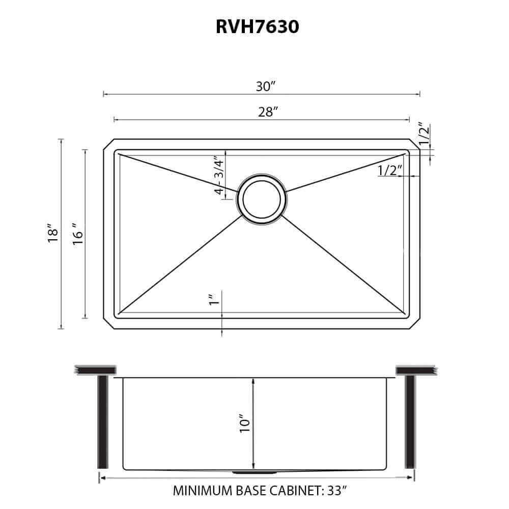 Ruvati 30" Gravena Hex Kitchen Sink Undermount - RVH7630 dimensions and specifications diagram