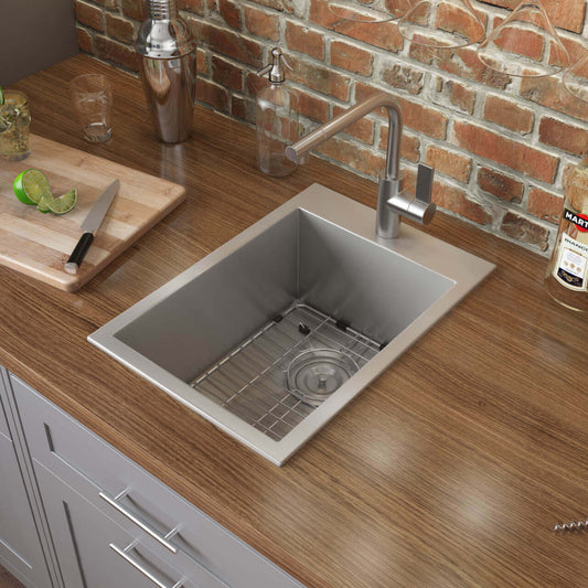Ruvati 15" x 20" Tirana Stainless Steel Bar Prep Sink Drop-In - RVH8110 installed in a modern kitchen countertop.