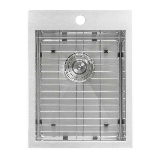 Ruvati 15" x 20" Tirana Stainless Steel Bar Prep Sink Drop-In - RVH8110 with grid and drain.