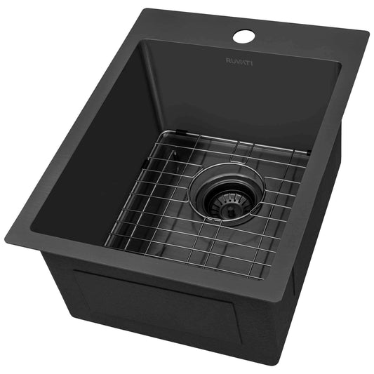Ruvati 15" x 20" Terraza Nano-PVD Bar Prep Sink Drop-In - RVH8110 with grid and waste fitting.