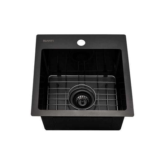 Ruvati 15" Terraza Nano-PVD Bar Prep Sink Drop-In - RVH8115 in Gunmetal Black top view with grid rack.