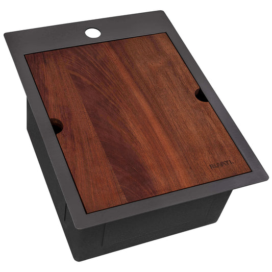 Ruvati 15" x 20" Giana Nano-PVD Workstation Bar Sink Drop-In - RVH8210 with wooden cover.