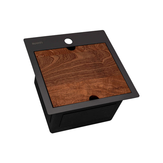 Ruvati 15" Giana Nano-PVD Workstation Bar Sink Drop-In - RVH8215 with wooden cutting board lid and black base