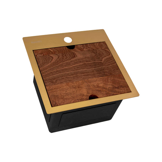 Ruvati 15" Giana Nano-PVD Workstation Bar Sink Drop-In - RVH8215 with elegant wood and gold finish.