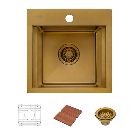 Ruvati 15" Giana Nano-PVD Workstation Bar Sink Drop-In - RVH8215 with accessories including grid and drain.