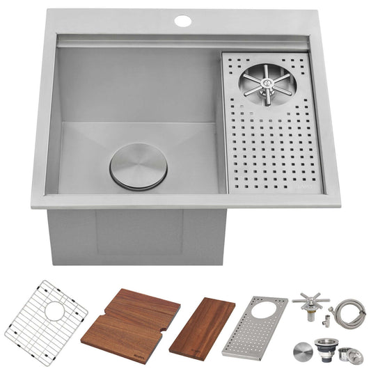 Ruvati Glass Rinser Sink 22 inch Workstation for Wet Bar Bottle Washer Drop in Topmount - RVH8262ST with accessories.