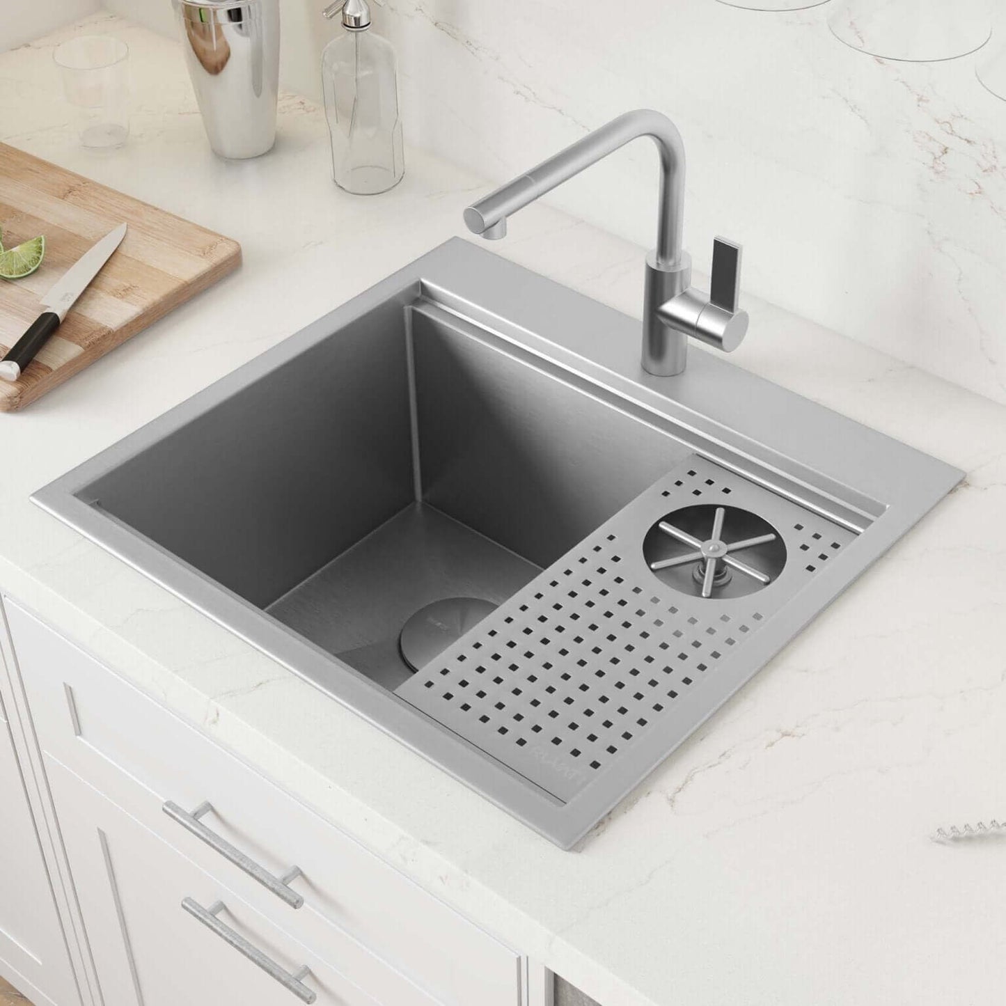 Ruvati Glass Rinser Sink 22 inch Workstation for Wet Bar Bottle Washer Drop in Topmount - RVH8262ST with faucet and countertop.