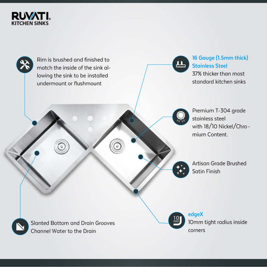 Ruvati Corner Butterfly Undermount Kitchen Sink RVH8400 features diagram including stainless steel, drainage design, and dimensions.