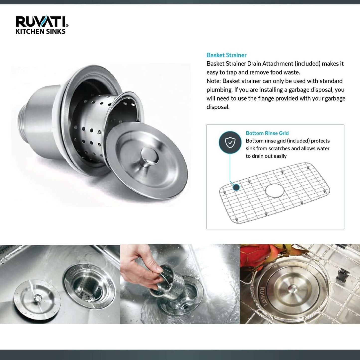Ruvati Corner Butterfly Undermount Kitchen Sink RVH8400 with Basket Strainer and Bottom Rinse Grid features.