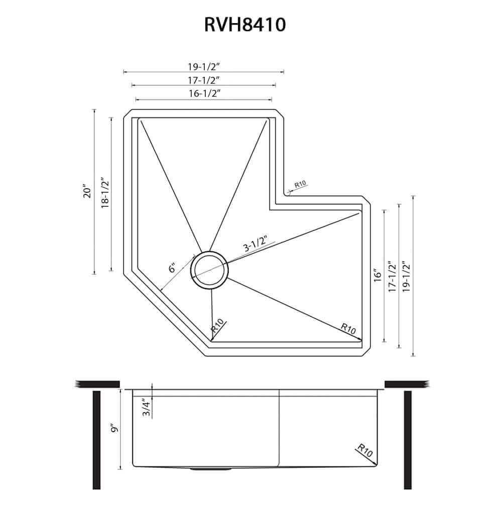 Ruvati 32" Roma Pro Corner Workstation Kitchen Sink - RVH8410ST dimensions and specifications diagram.