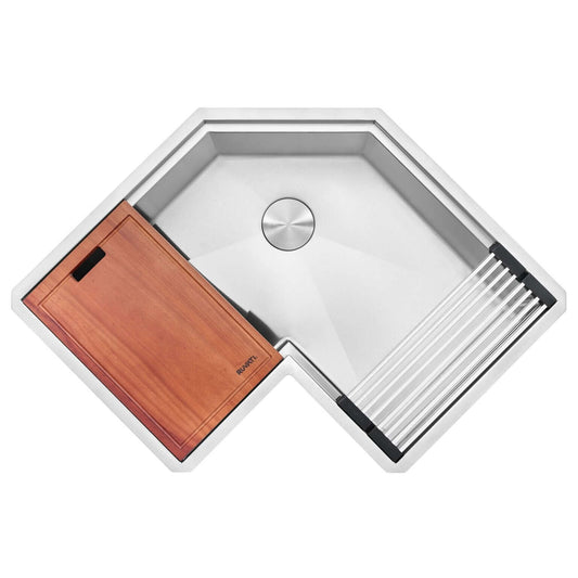 Ruvati 32" Roma Pro Corner Workstation Kitchen Sink - RVH8410ST with wooden cutting board and sleek design