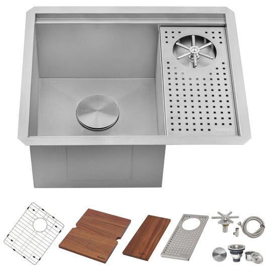 Ruvati 22" Ibiza Glass Rinser Bar Sink Workstation Undermount - RVH8542ST with accessories and components.