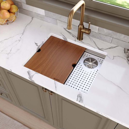 Ruvati 22" Ibiza Glass Rinser Bar Sink Workstation Undermount - RVH8542ST with cutting board and stainless steel drain.
