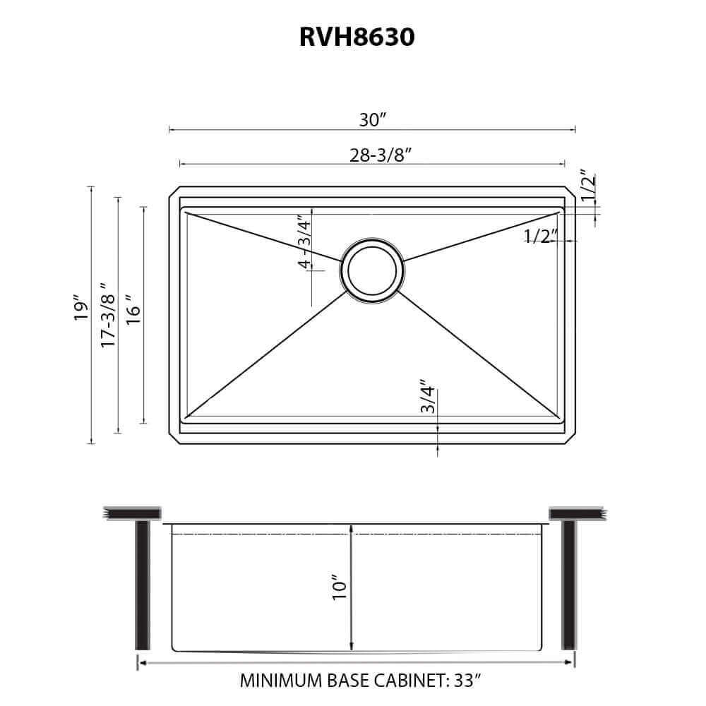 Ruvati 30" Roma Hex LedgeFit® Workstation Kitchen Sink - RVH8630 dimensions and design specifications.