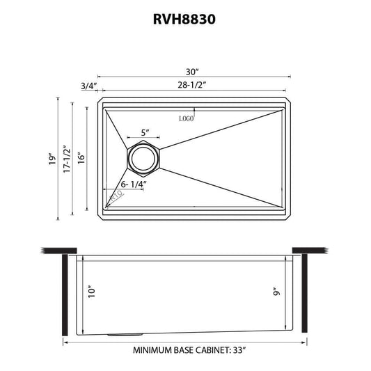 Ruvati 30" Roma Hex Workstation Kitchen Sink - RVH8830 technical drawing with dimensions and details.