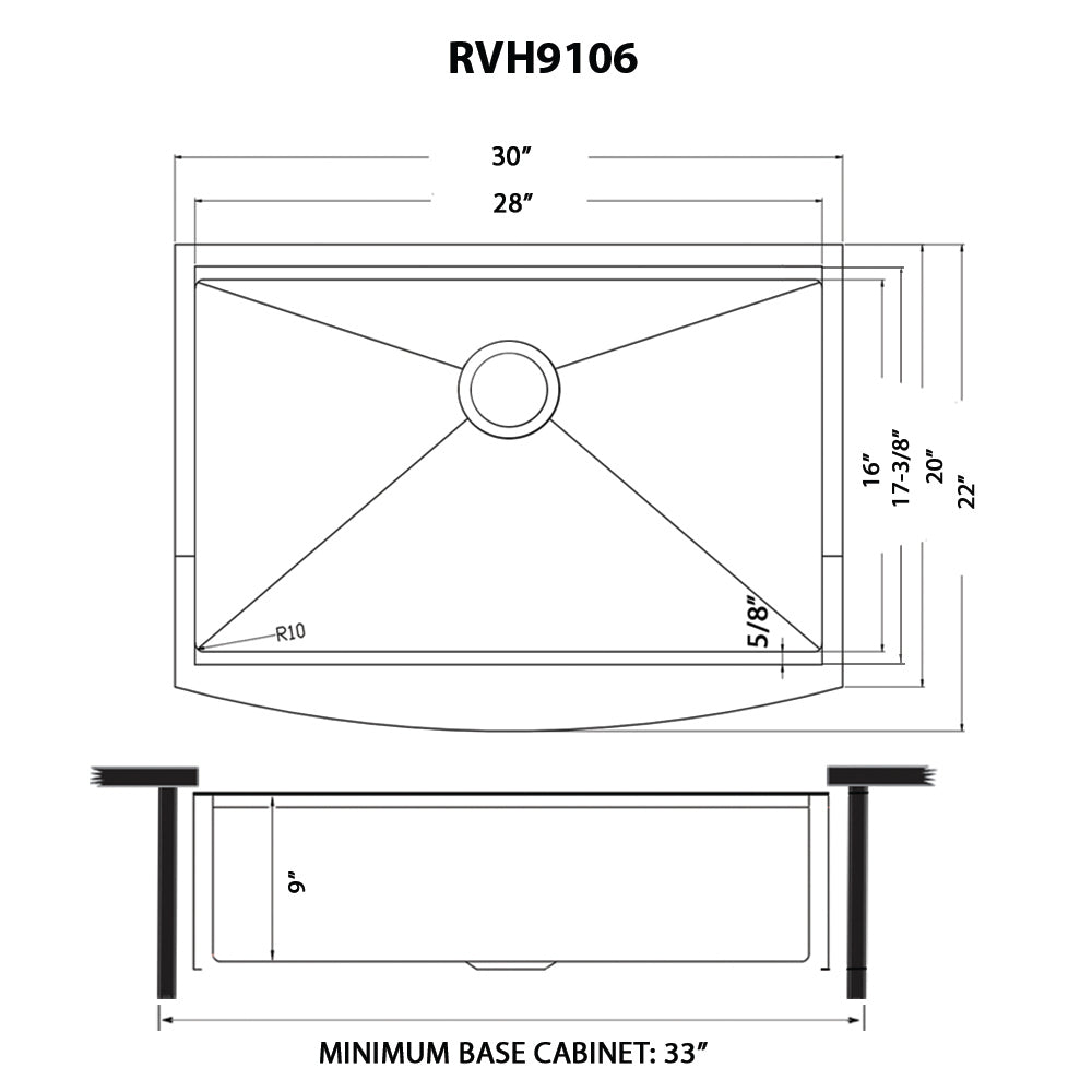 Ruvati Monaco 30" Workstation Stainless Steel Kitchen Sink RVH9106BL technical drawing dimensions