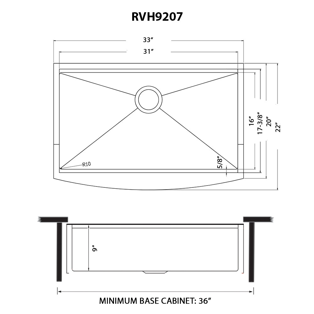 Ruvati Monaco 33" Workstation Stainless Steel Kitchen Sink RVH9207GG dimensions diagram with measurements.